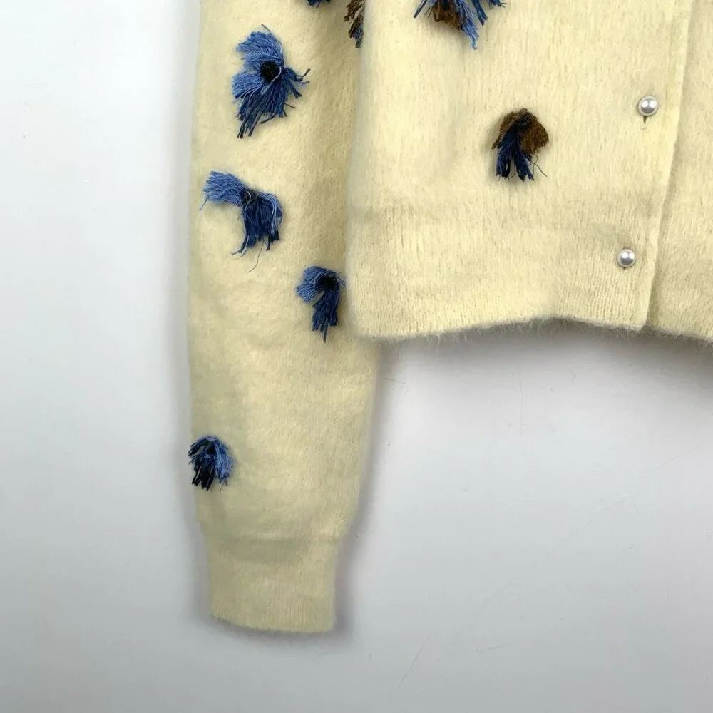Maison Margiela Womens Cream Angora Blend Cardigan With Blue & Brown Embellished - Picture 4 of 9